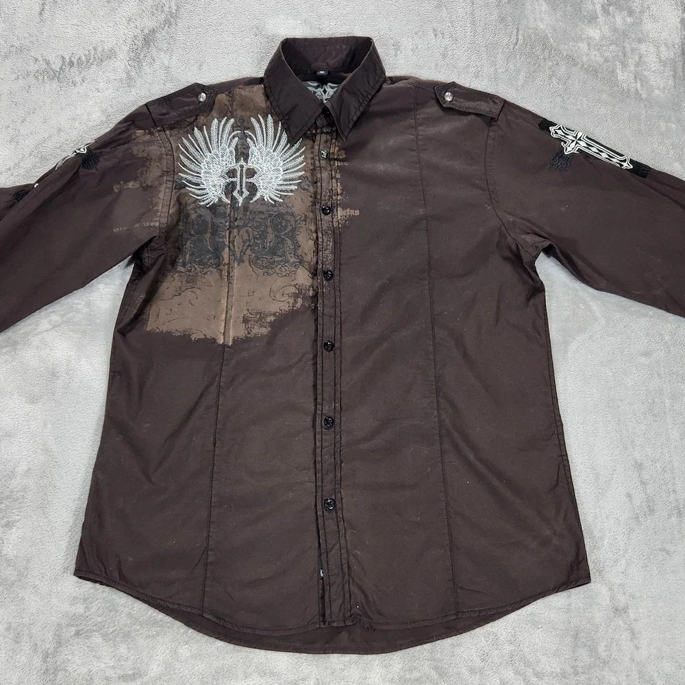 Roar Shirt Mens Large Brown Gothic Wings Cross Long Sleeve Button Up Embroidered